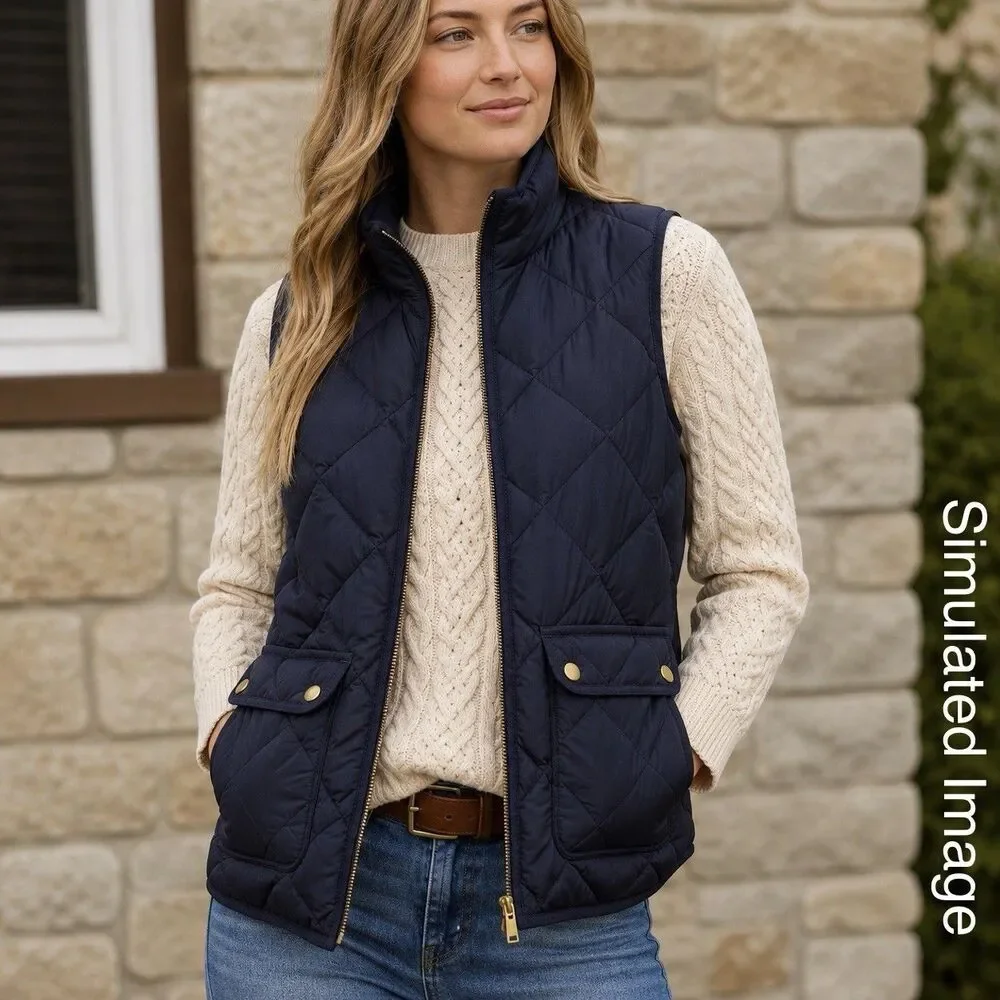 J Crew Womens M Navy Quilted Down Puffer Vest Gold Zip Snap Pockets - Picture 1 of 5